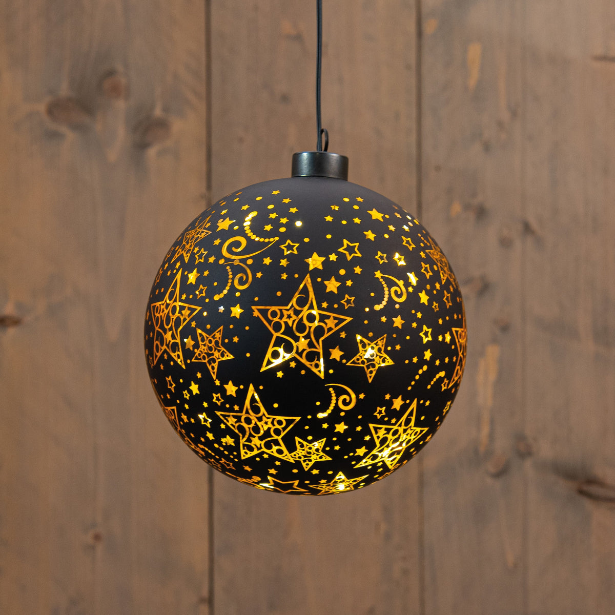 kersthanger bal glas met sterren 12led warm wit op 2aaa batterij met timer d15cm zwart/goud