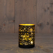 cylinder glas met sterren 10led warm wit op 3aa batterij met timer 9h12cm zwart/goud