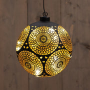 kersthanger bal glas marrakech 12led warm wit op 2aaa batterij met timer d15cm zwart/goud