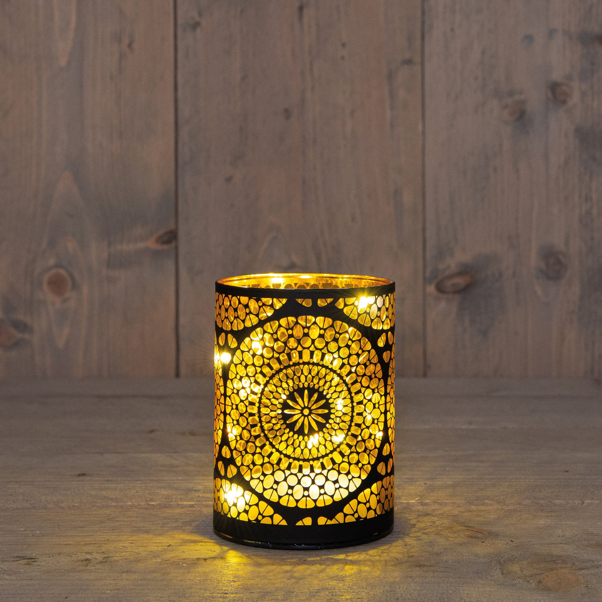 cylinder glas marrakech 10led warm wit op 3aa batterij met timer 9h12cm zwart/goud