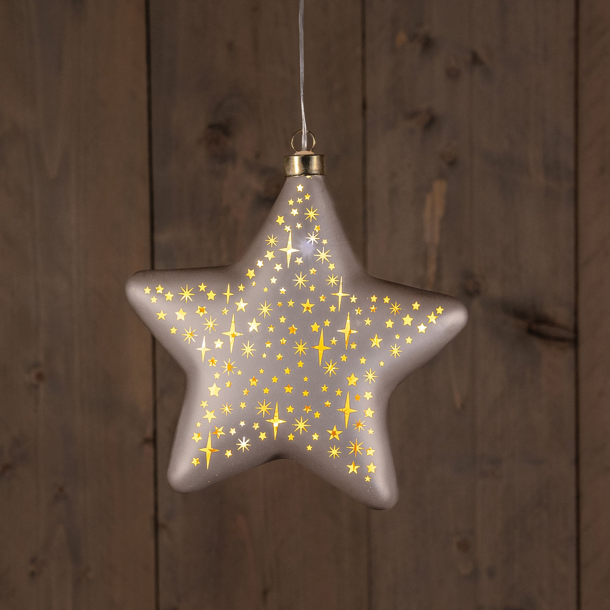 b.o.t. glas ster mat champagne met sterren 19cm /led warm wit 2xaaa met timer