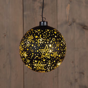 bal glas draaiend led op batterij 15cm zwart/goud sterren