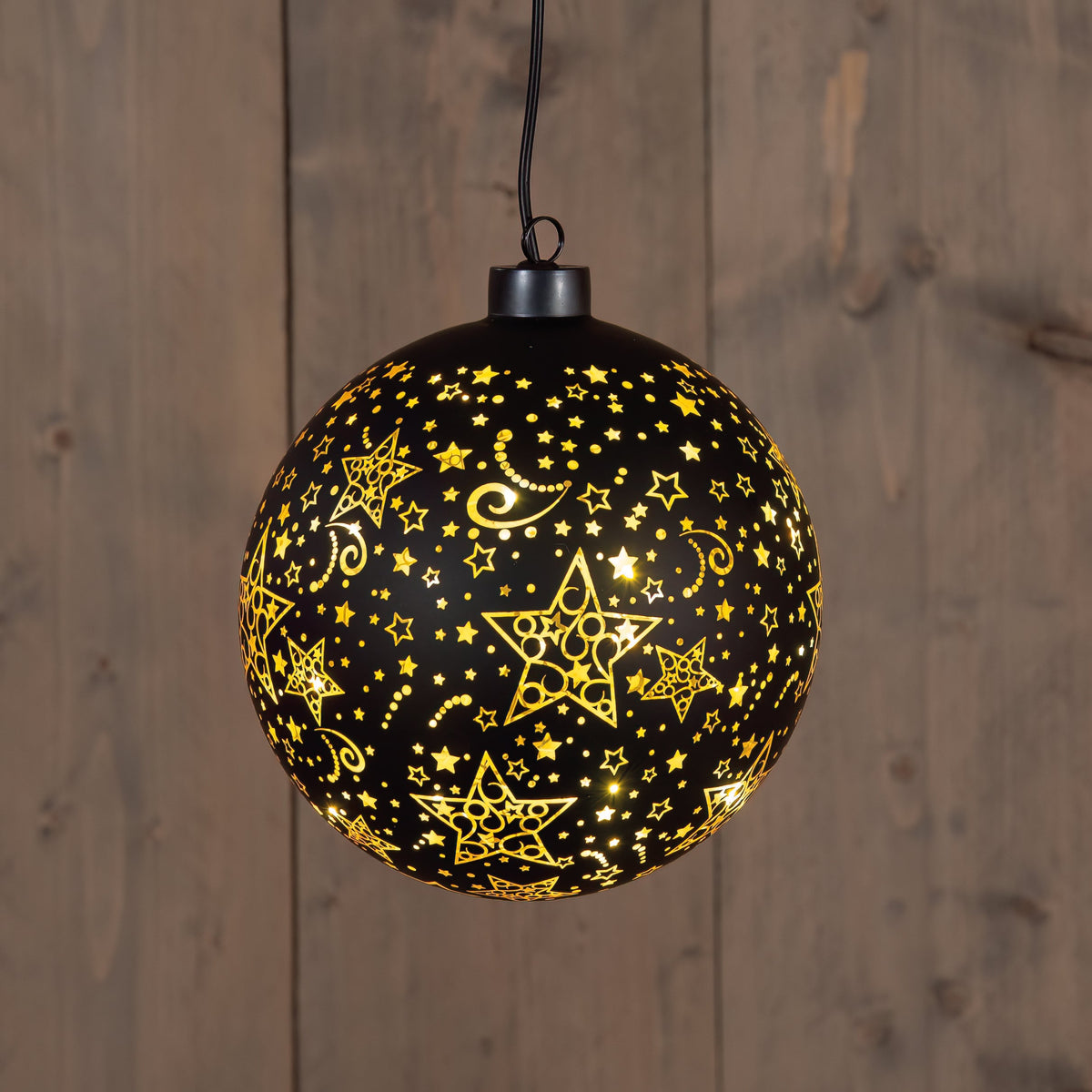 bal glas draaiend led op batterij 15cm zwart/goud sterren