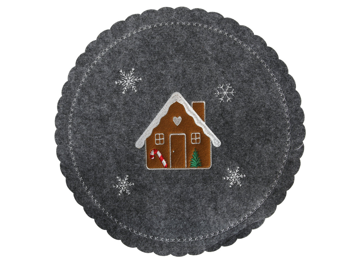 placemat kersthuisje vilt ø35cm  grijs
