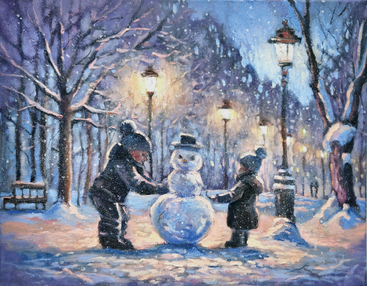 b.o. led canvas 38x48cm Schneemann im Park bauen 3led / 2aa