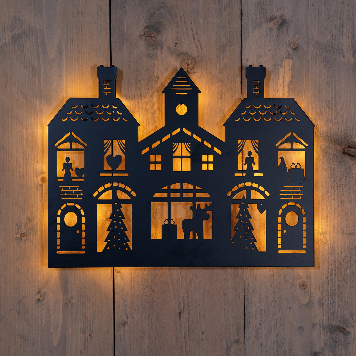 muurhanger met kersthuisjes 33led classic op batterij met timer ip20 h32x40cm zwart