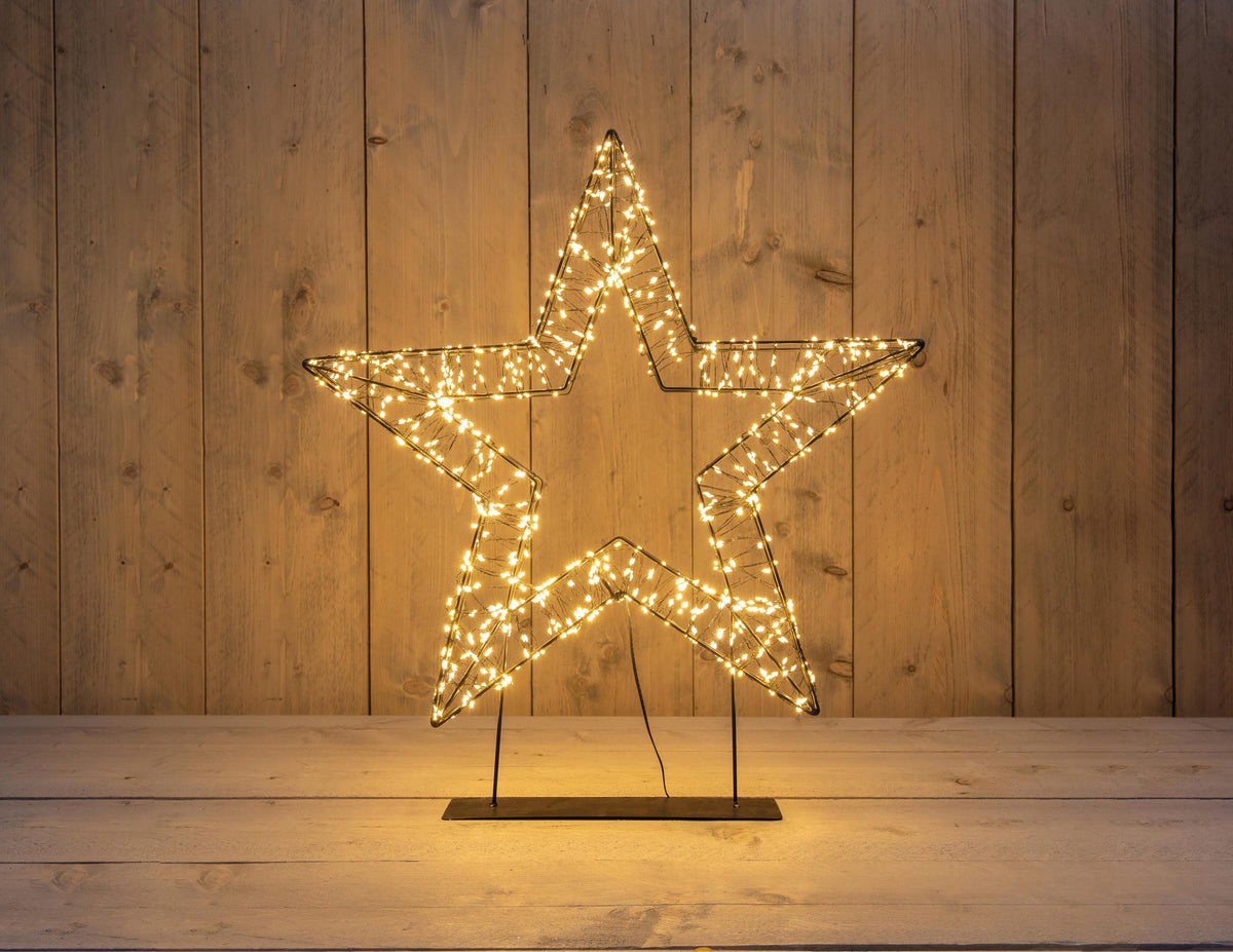 3D-Stern auf Fuß Metall 1200LED Flash IP44 Trafo mit Timer und Dimmer 56x5cm Classic Warm