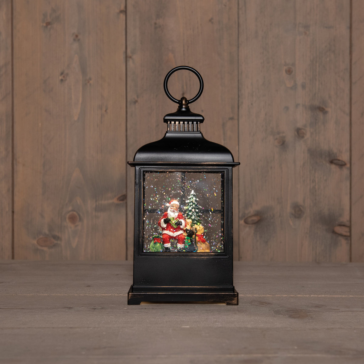 lantaarn kerstman in glitterwater op 3aa batterij met dc aansluiting 27x12.5cm warm wit