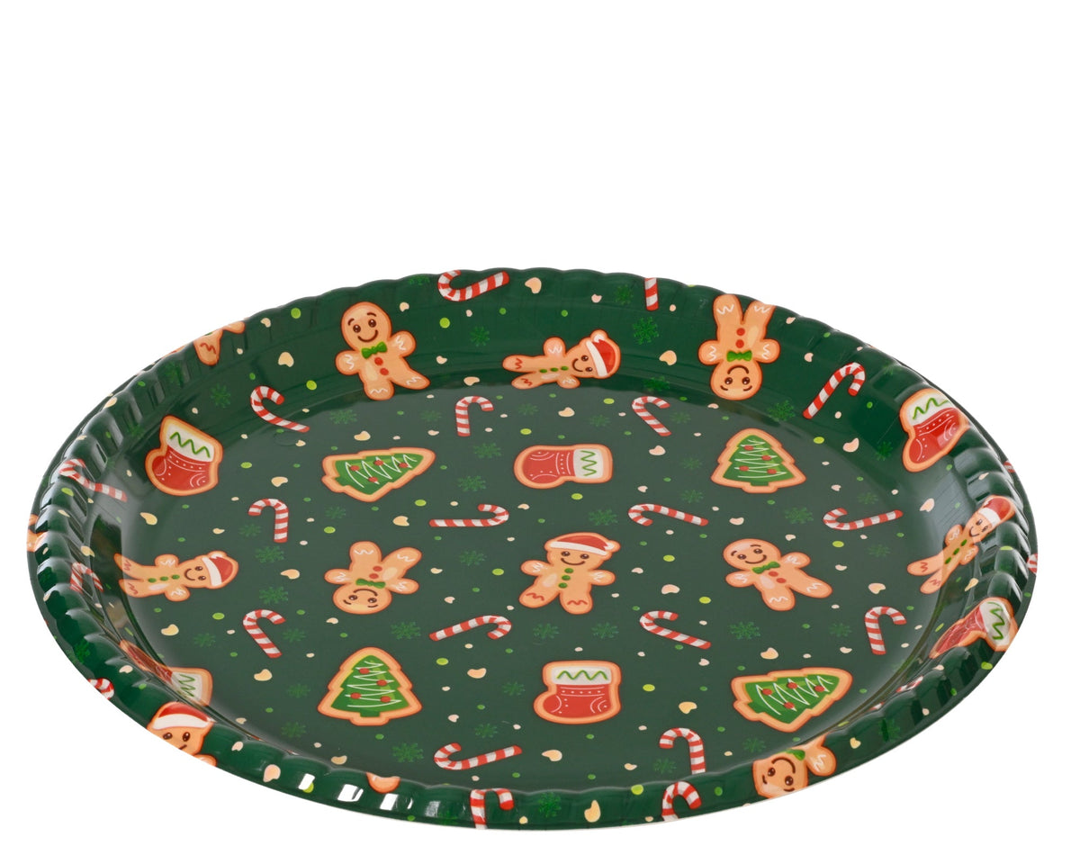 decobord pp round gingerbread man, stocking, candy cane and christmas tree pattern groen/kleur(en) d.35.5cm x h.3cm