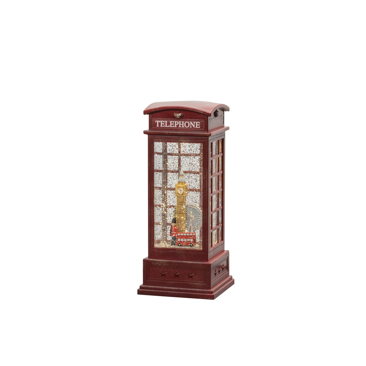 led telefooncel met london sneeuwtafereel, antiekrood, 25x10,5cm, 1l, warmwit, watergevulde lantaarn, on/off/5u timer, 1 warm witte led, op usb kabel of batterij, 3x c, voor binnen, 0,1w, ba