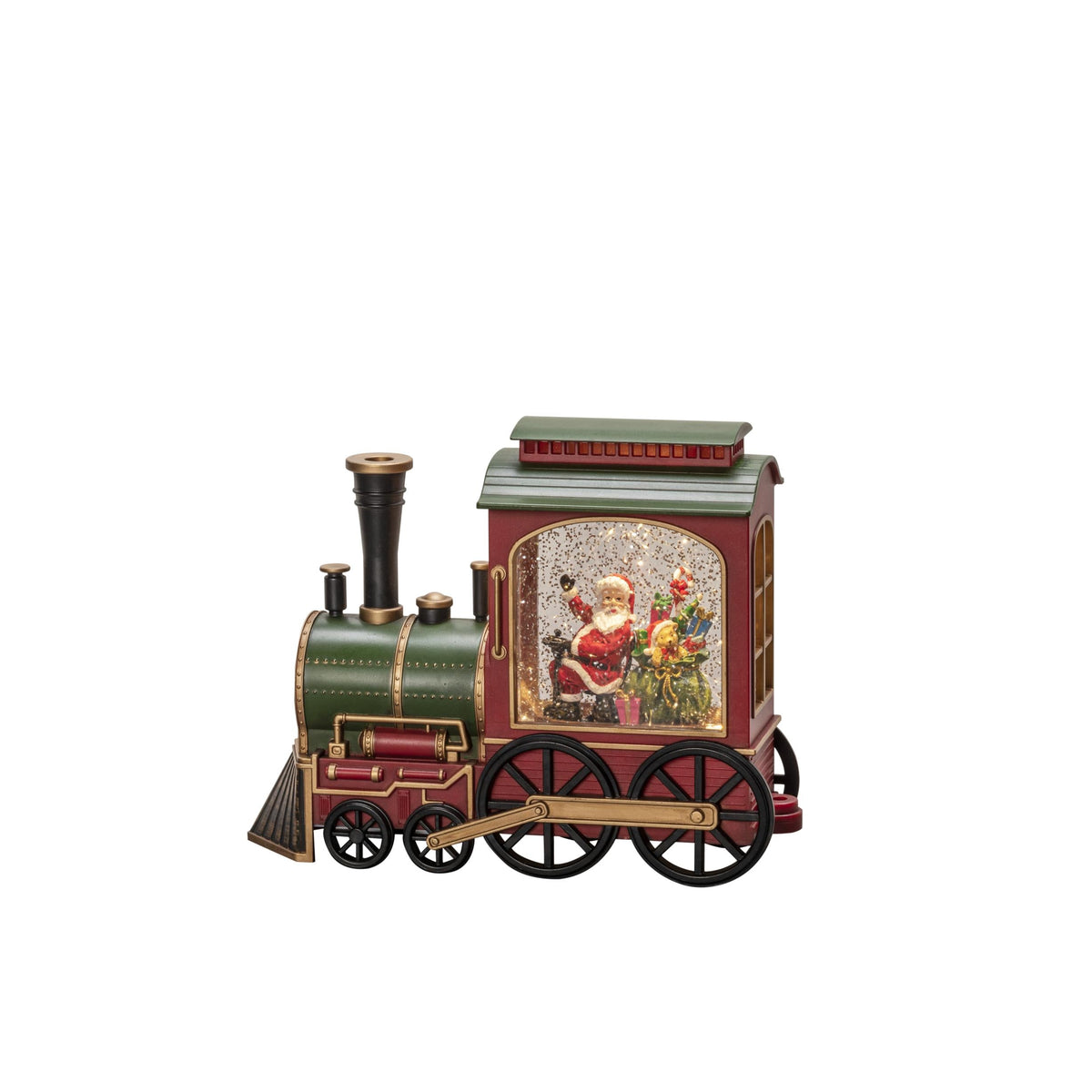 led watergevulde sneeuwlantaarn treinloc met kerstman en zak cadeaus, rood/groen, on/off/5u timer, 25x19.5cm bxh, 1 led warmwit, op batterij (3x aa, excl) of usb kabel, voor binnen