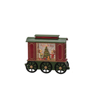 led watergevulde sneeuwlantaarn treinwagon met kinderen en kerstboom, rood/groen, on/off/5u timer, 24x19.5cm bxh, 1 led warmwit, op batterij (3x aa, excl) of usb kabel, voor binnen