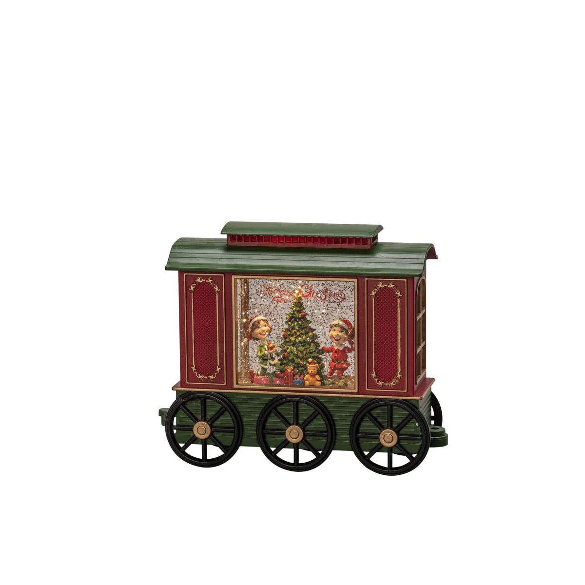 led watergevulde sneeuwlantaarn treinwagon met kinderen en kerstboom, rood/groen, on/off/5u timer, 24x19.5cm bxh, 1 led warmwit, op batterij (3x aa, excl) of usb kabel, voor binnen