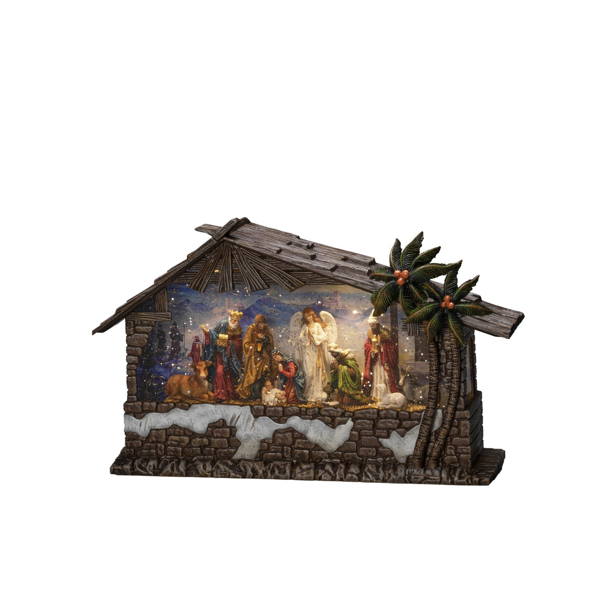 led kerststal sneeuwtafereel, watergevuld, antiekbrons, 5u timer, 3 warm witte led, op batterij & usb, binnen, zwarte kabel, batterij: 3 x c 1,5v (excl.)