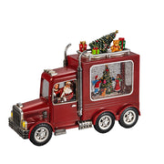 led sneeuwlantaarn waterspinner kerstman truck met kersttafereel, antiekrood, 21.5x28cm, 2l warmwit, on/off/5u timer, op batterij 3x aa (excl) of 1.8m usb aansluitsnoer, voor binnen