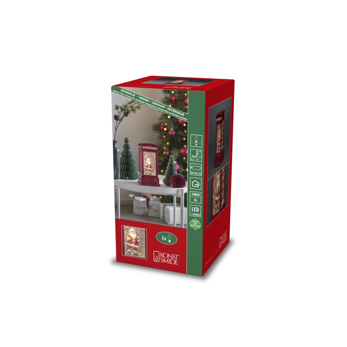 LED Telefonzelle klein 9,5x20cm, mit Weihnachtsmann Szenerie, Antikrot, wassergefüllt, 1l, warmweiß, an/aus/5h Timer, auf Batterie, 1 warmweiße LED, für innen (auf Batterie), Batterie: 3 x AA 1,5V