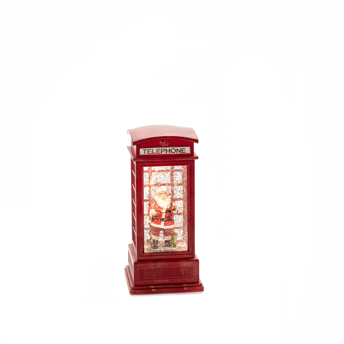 LED Telefonzelle klein 9,5x20cm, mit Weihnachtsmann Szenerie, Antikrot, wassergefüllt, 1l, warmweiß, an/aus/5h Timer, auf Batterie, 1 warmweiße LED, für innen (auf Batterie), Batterie: 3 x AA 1,5V