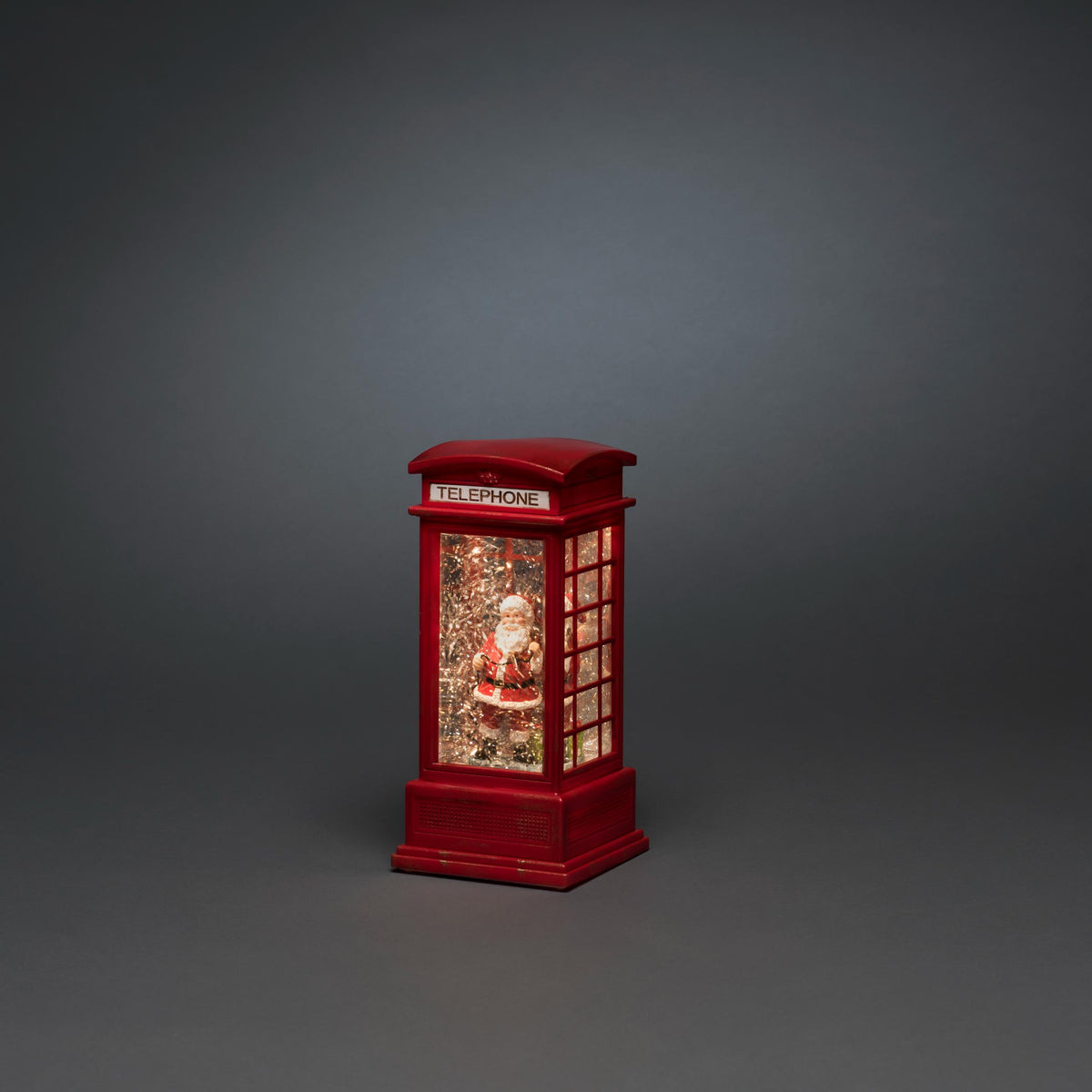LED Telefonzelle klein 9,5x20cm, mit Weihnachtsmann Szenerie, Antikrot, wassergefüllt, 1l, warmweiß, an/aus/5h Timer, auf Batterie, 1 warmweiße LED, für innen (auf Batterie), Batterie: 3 x AA 1,5V