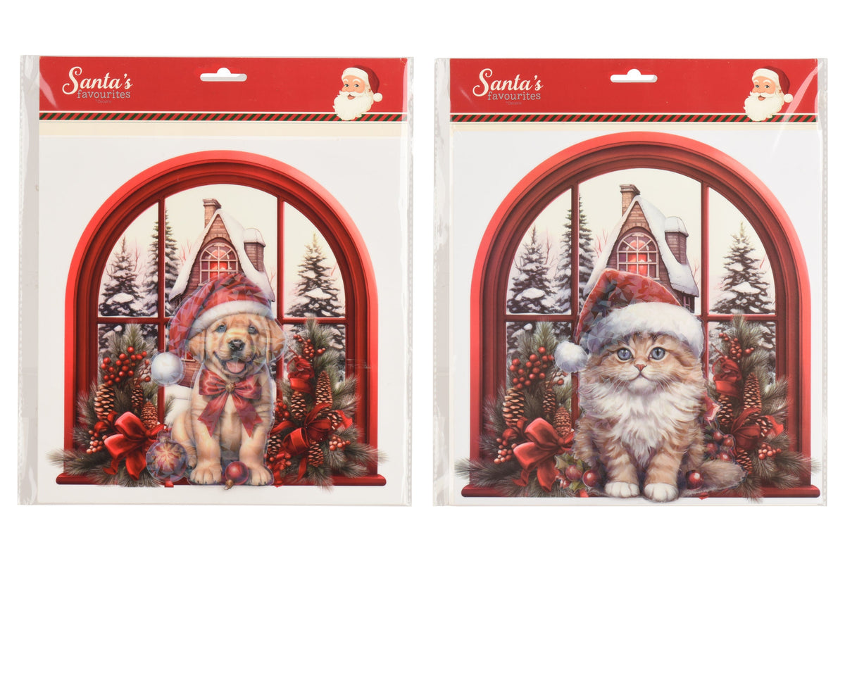 raamdecoratie pvc laser finish, pop-up cat and dog 2ass rood/kleur(en) l.28cm x w.0.1cm x h.28cm