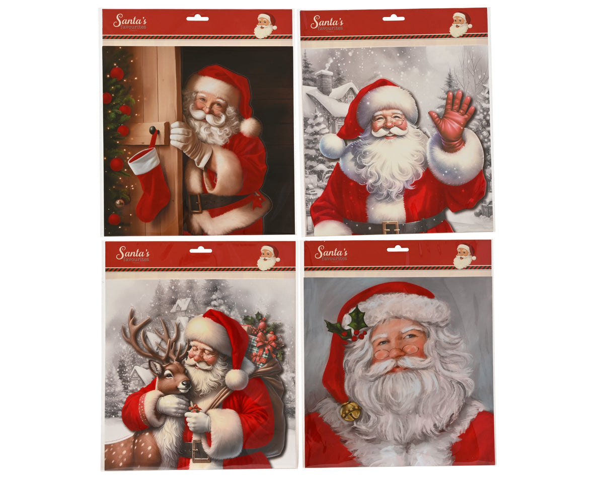 raamdecoratie papier flock santa 4ass rood/kleur(en) l.30.5cm x w.40.5cm x h.0.1cm