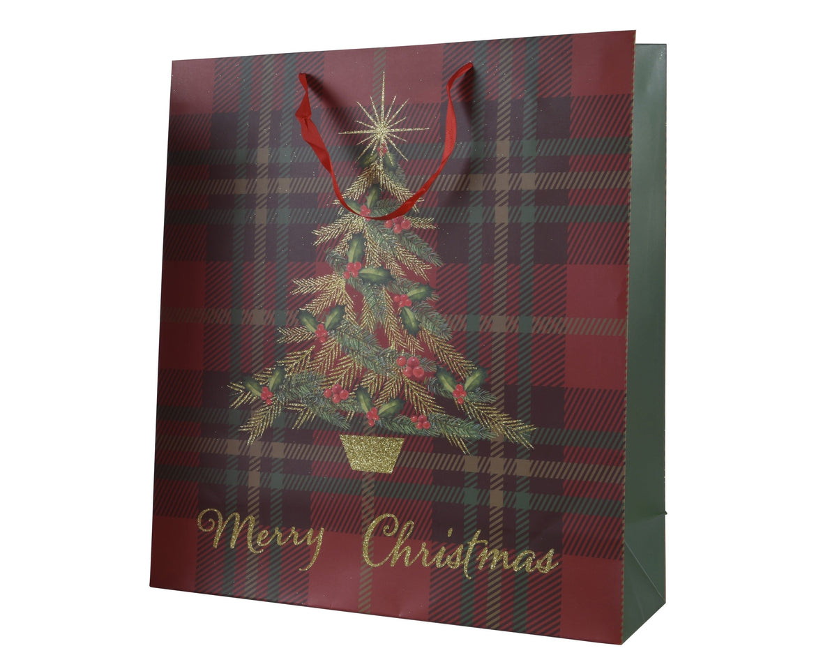 giftbag papier rectangle glitter check-xmas tree fsc 100% rood/kleur(en) l.30cm x w.12cm x h.42cm