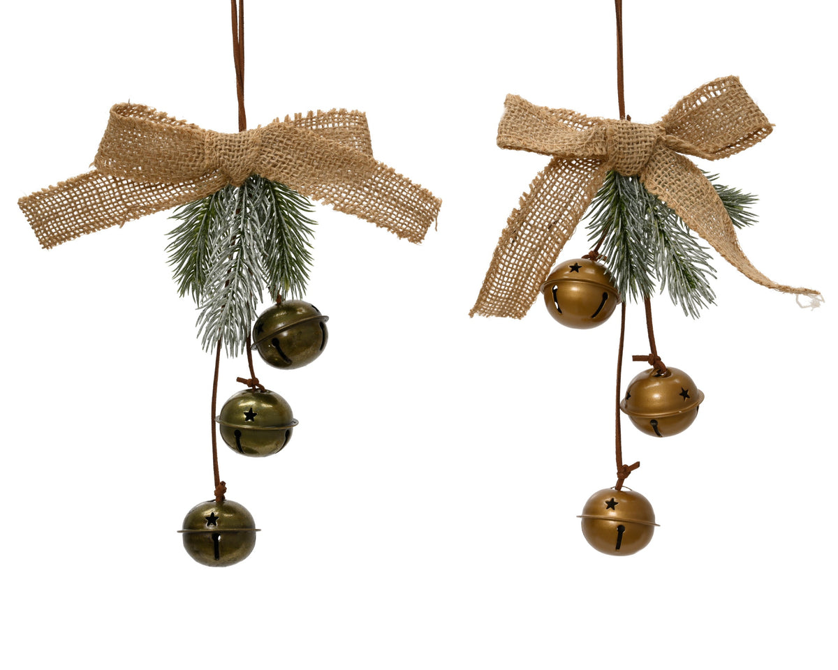 bundel ijzer pe leaf,jute bow,iron bell 2col ass assortie l.13cm x w.4cm x h.20cm