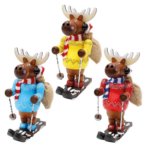 holz räucherfigur "skifahrer elch" hellblau, gelb, rot mit schal und sack 3-fach sort. 13 x 8,5 x 18 cm