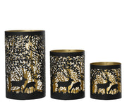 windlicht ijzer round with cut-out scenery zwart/goud h.14cm