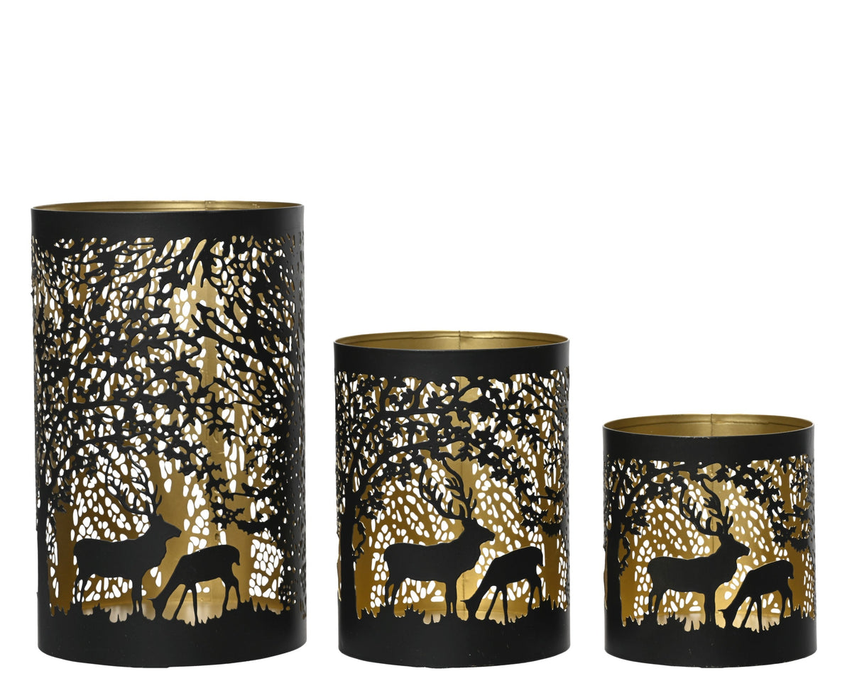 windlicht ijzer round with cut-out scenery zwart/goud h.14cm