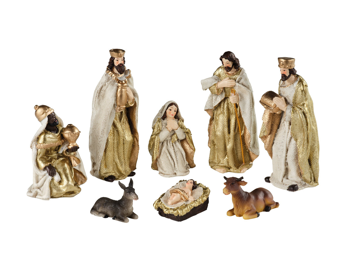 kerstgroep polyresin maria, joseph, jesus, 3 king, cow donkey painting 8 figures creme/goud l.5cm x w.4.5cm x h.12.5cm