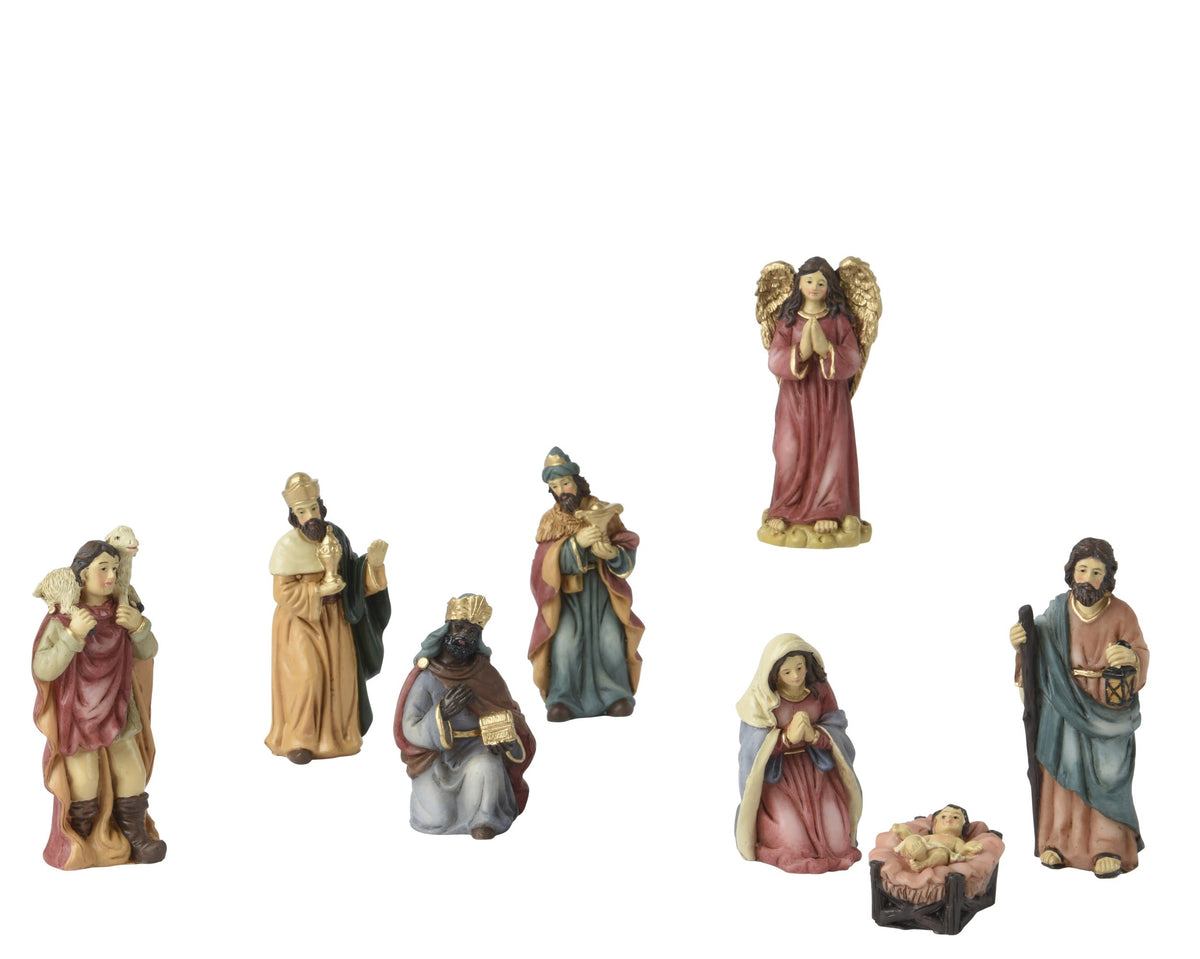 kerstgroep polyresin maria, joseph, jesus, 3 king,angel, shepherd painting 8 figures multi l.3.7cm x w.2.5cm x h.9cm