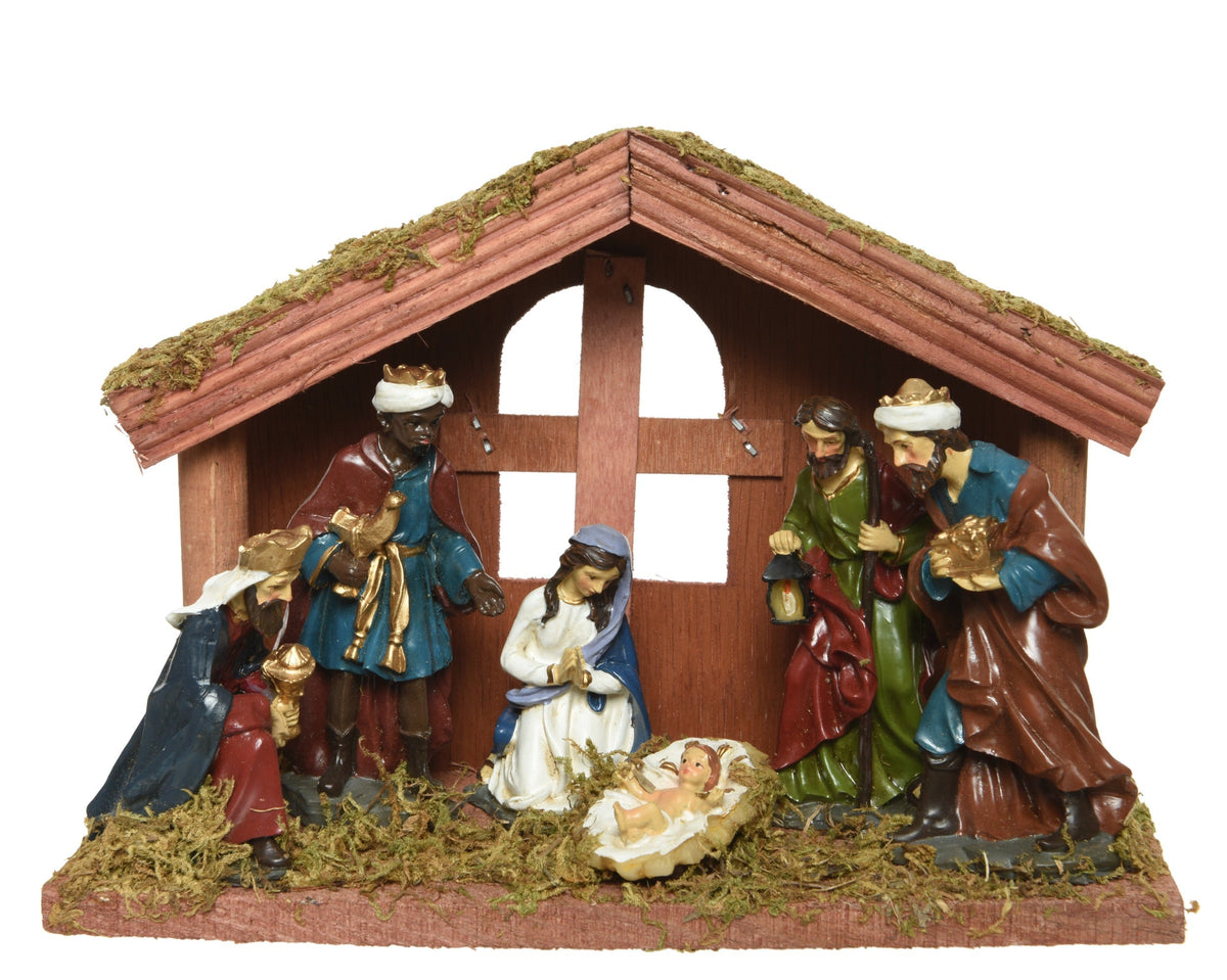 kerststal mdf maria, joseph, jesus, 3 king painting 6 poly figures multi l.10cm x w.20cm x h.14cm
