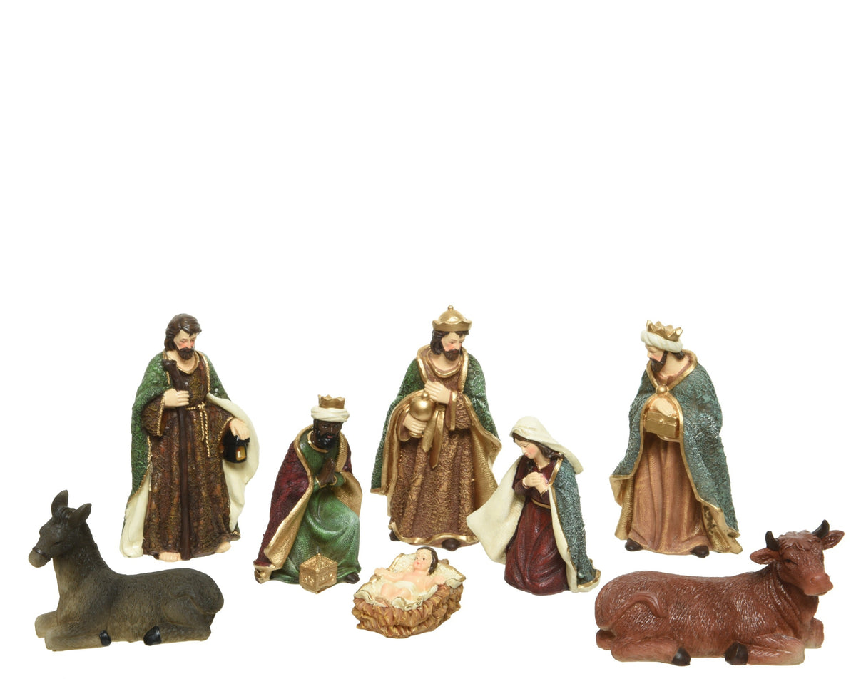 kerstgroep polyresin maria, joseph, jesus, 3 kings, cow, donkey painting multi l.11cm x w.7cm x h.20cm