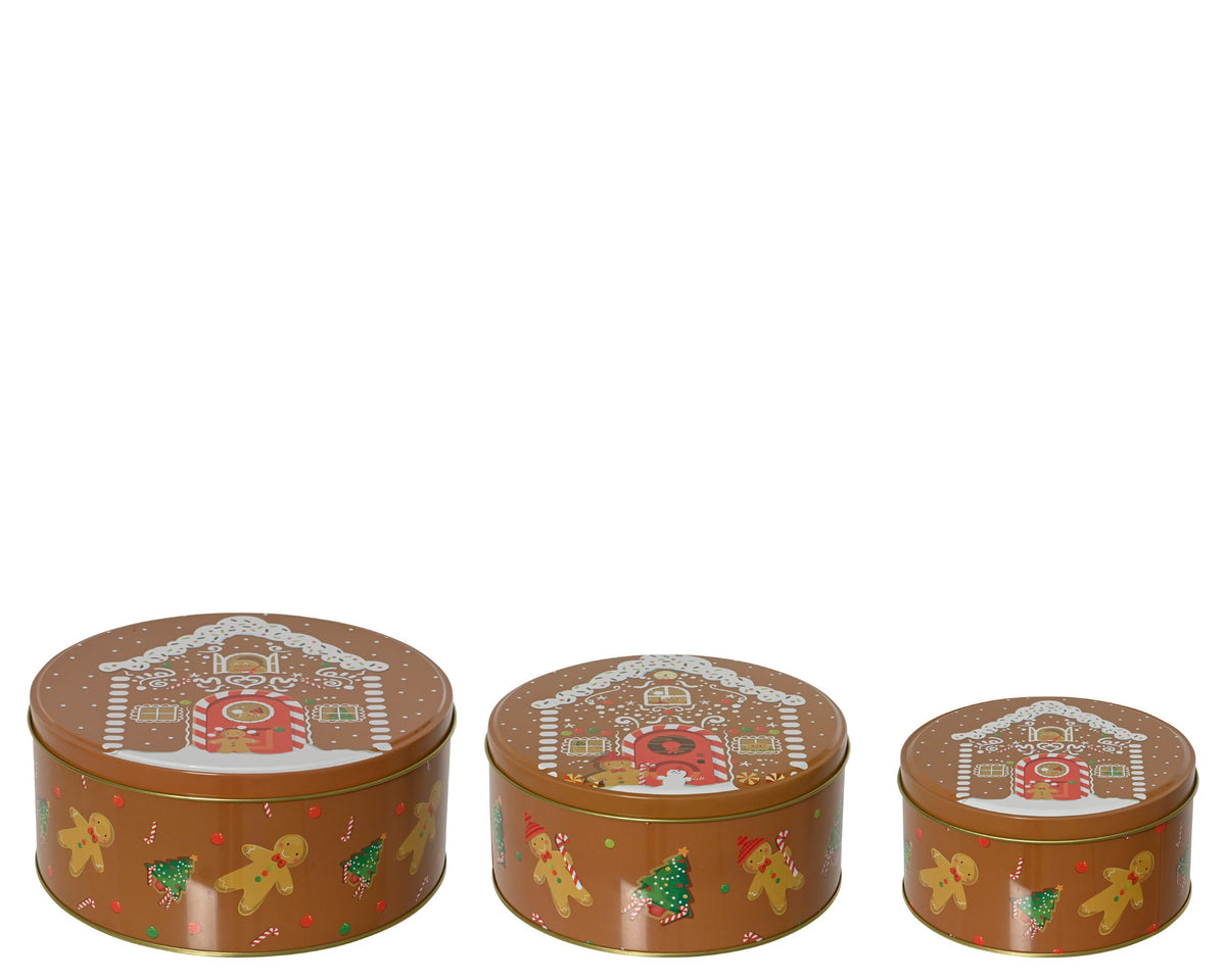 opbergblik blik round uv print relief ginger house pattern bruin/kleur(en) d.17cm x h.6cm