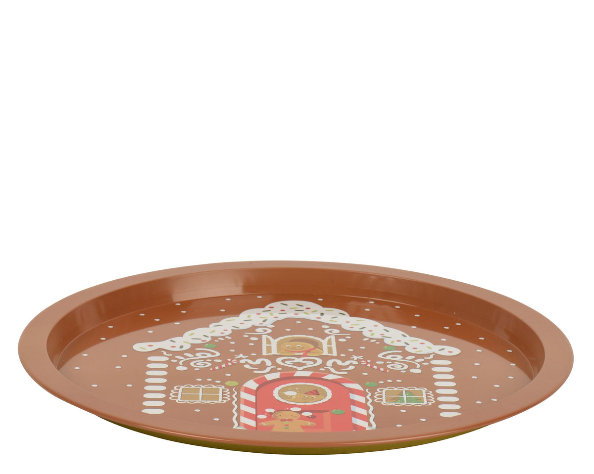 decobord blik round uv print ginger house pattern bruin/kleur(en) d.32cm x h.1.5cm
