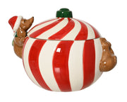 opbergpot dolomiet ball glazed with dog rood/wit l.18.6cm x w.14cm x h.12.7cm
