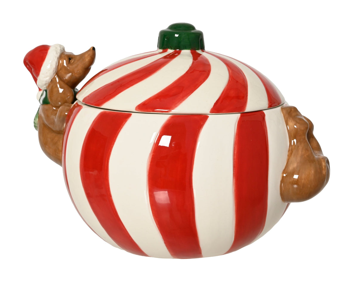 opbergpot dolomiet ball glazed with dog rood/wit l.18.6cm x w.14cm x h.12.7cm