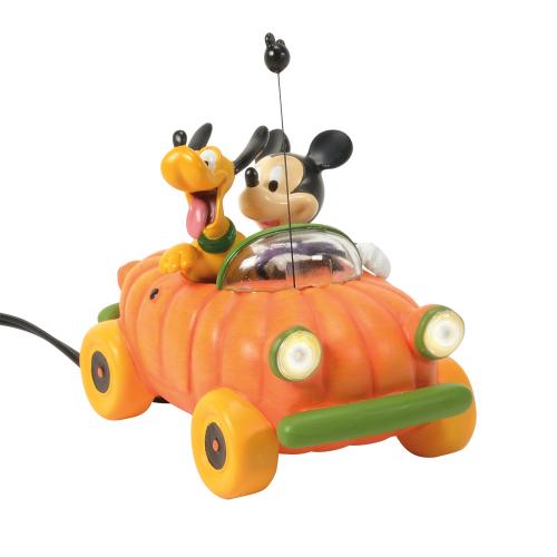 mickey & pluto in pimpkin car - disney village by d56