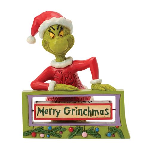 the grinch with rotating sign - the grinch by jim shore
