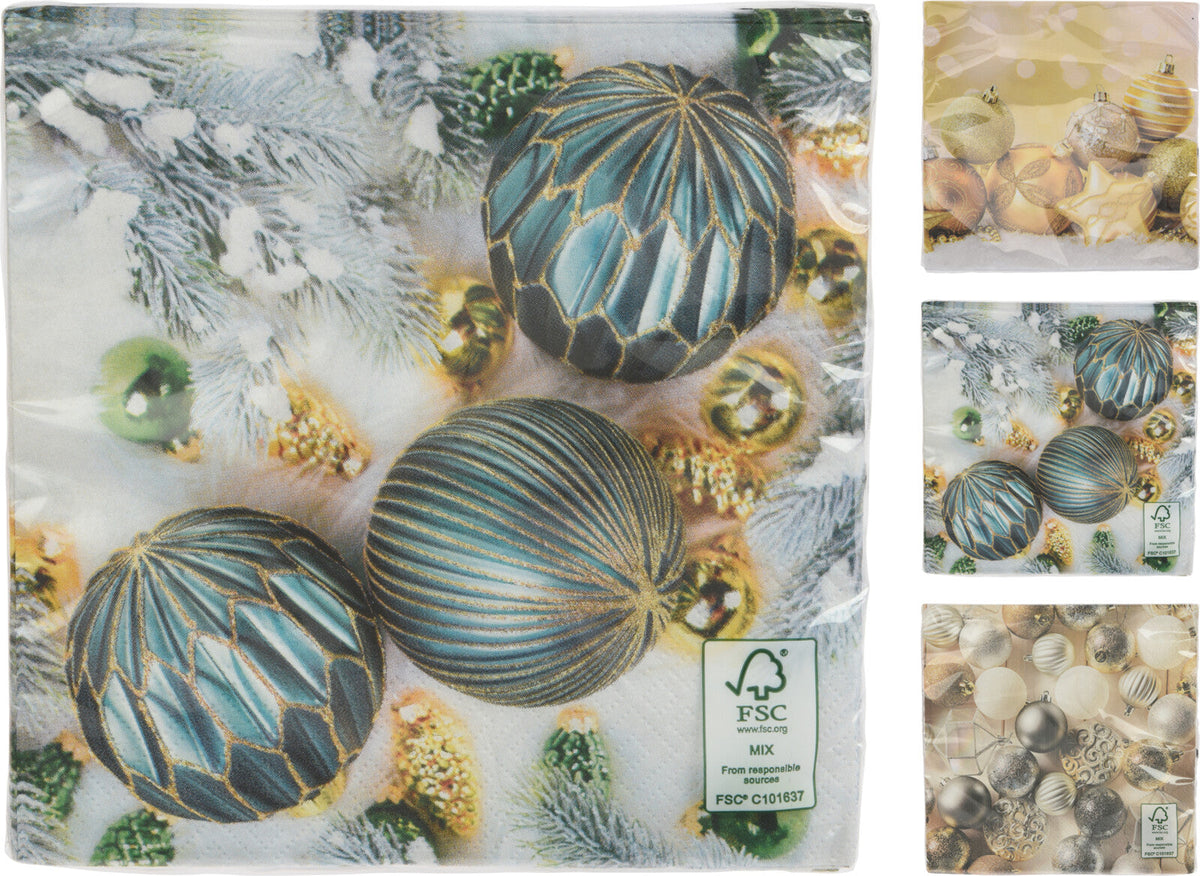 servetten 33x33cm 16sts 3-laags 3ass kerstbal design