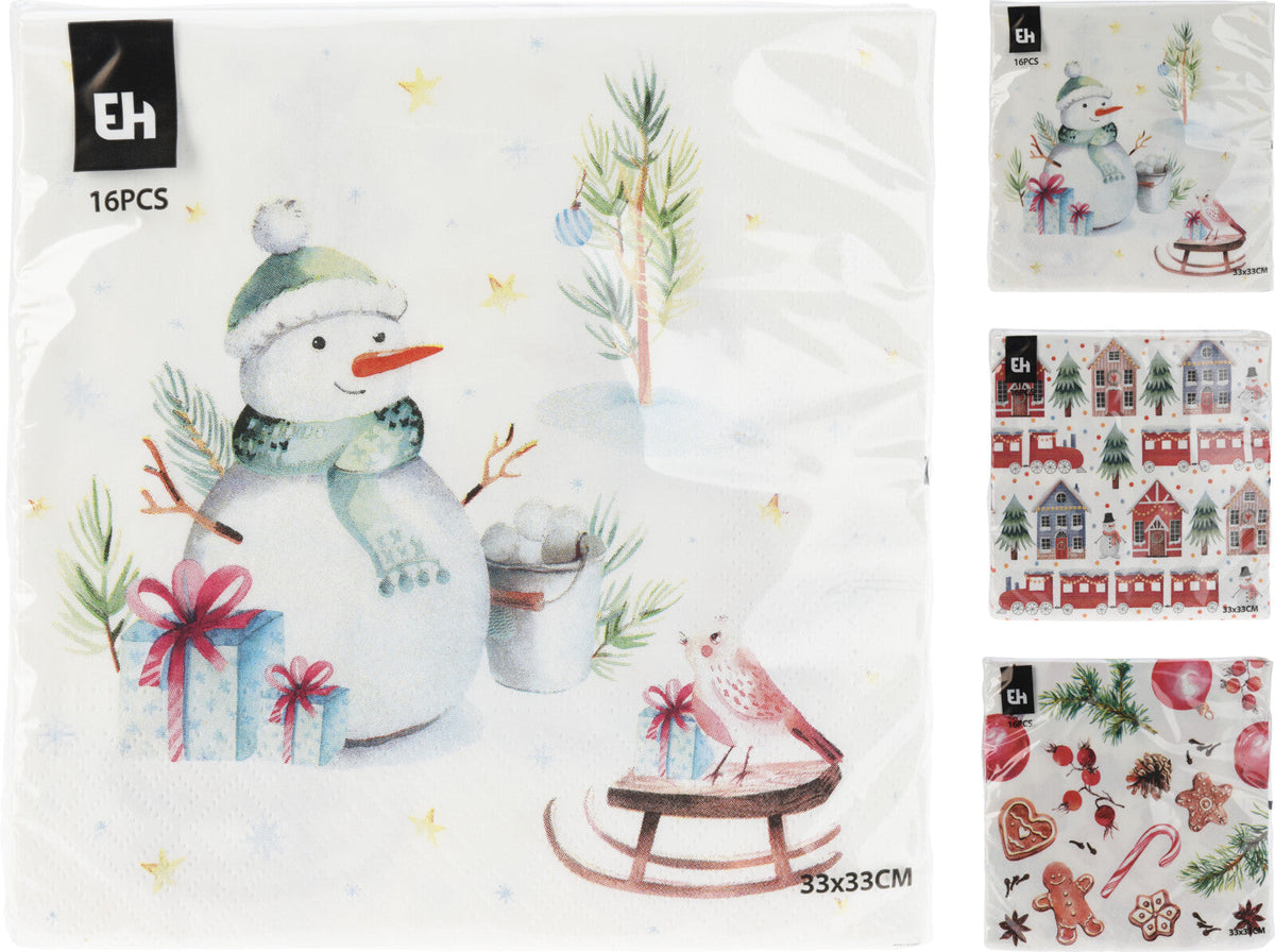 servetten papier 33x33cm set van 16sts 3-laags 3ass kerst designs