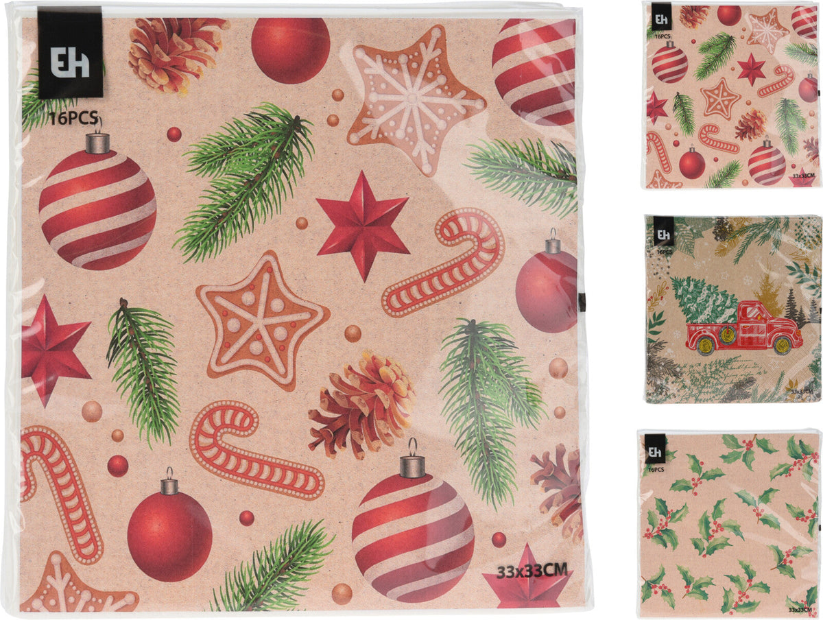 servetten recycled kraft papier 33x33cm set van 16sts 3-laags 3ass kerst designs