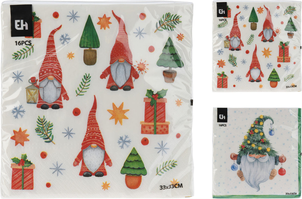 servetten papier 33x33cm set van 16sts 3-laags 2ass kerst designs