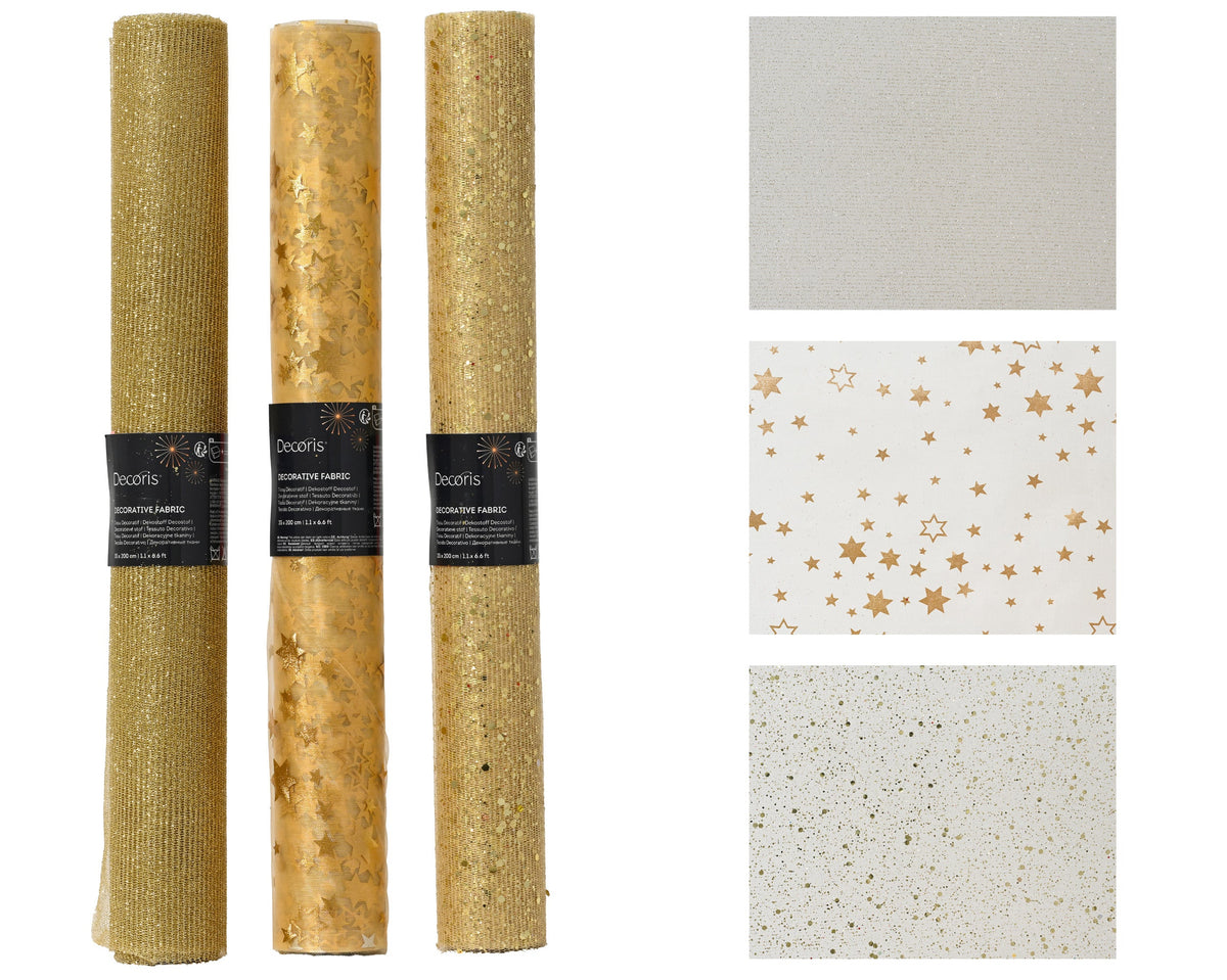 decostof polyester organza, mesh foil stars, glitter 3ass goud l.200cm x w.35cm x h.0.01cm