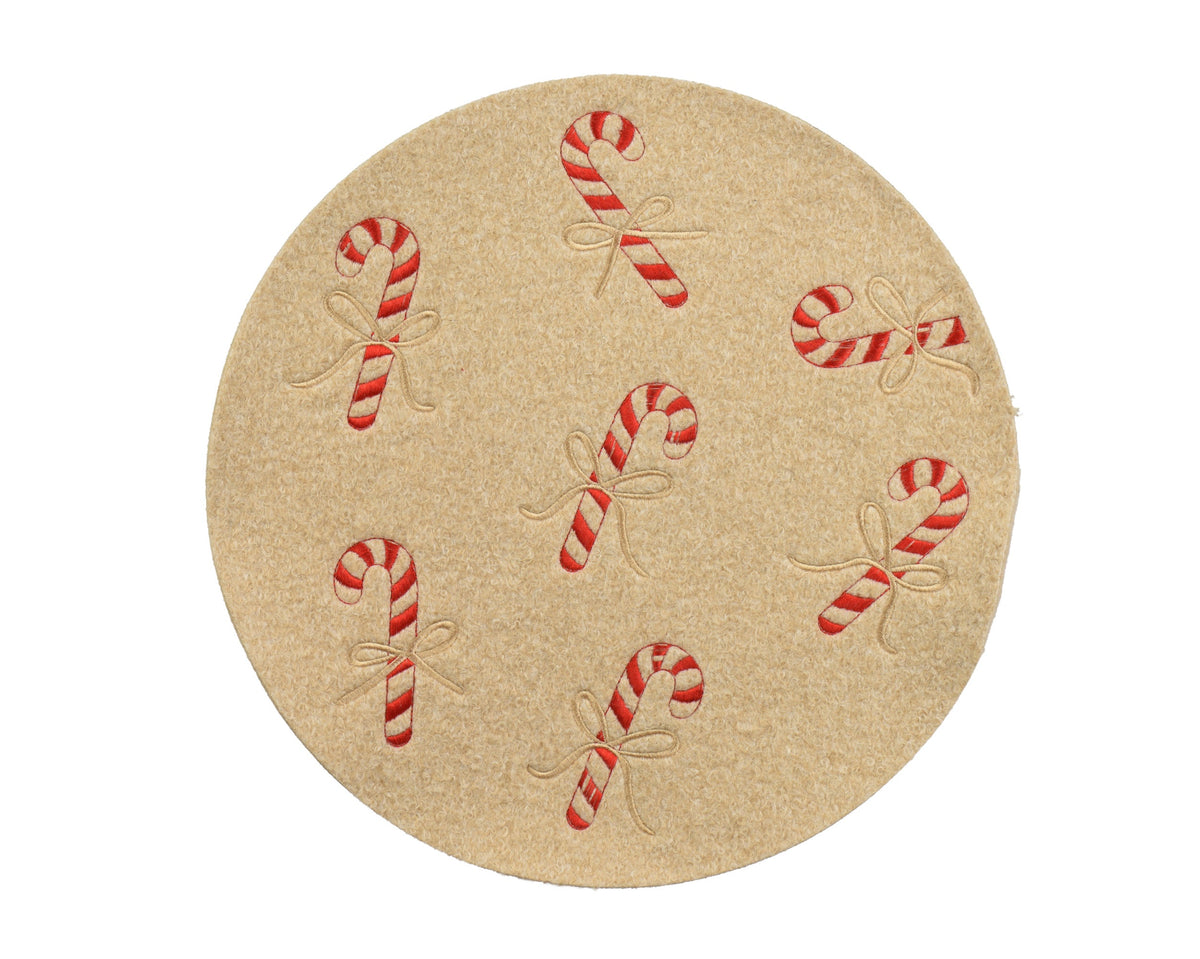 placemat polyester round teddy fur champagne gold bow in red/white candy cane beige/kleur(en) d.38cm x h.0.5cm