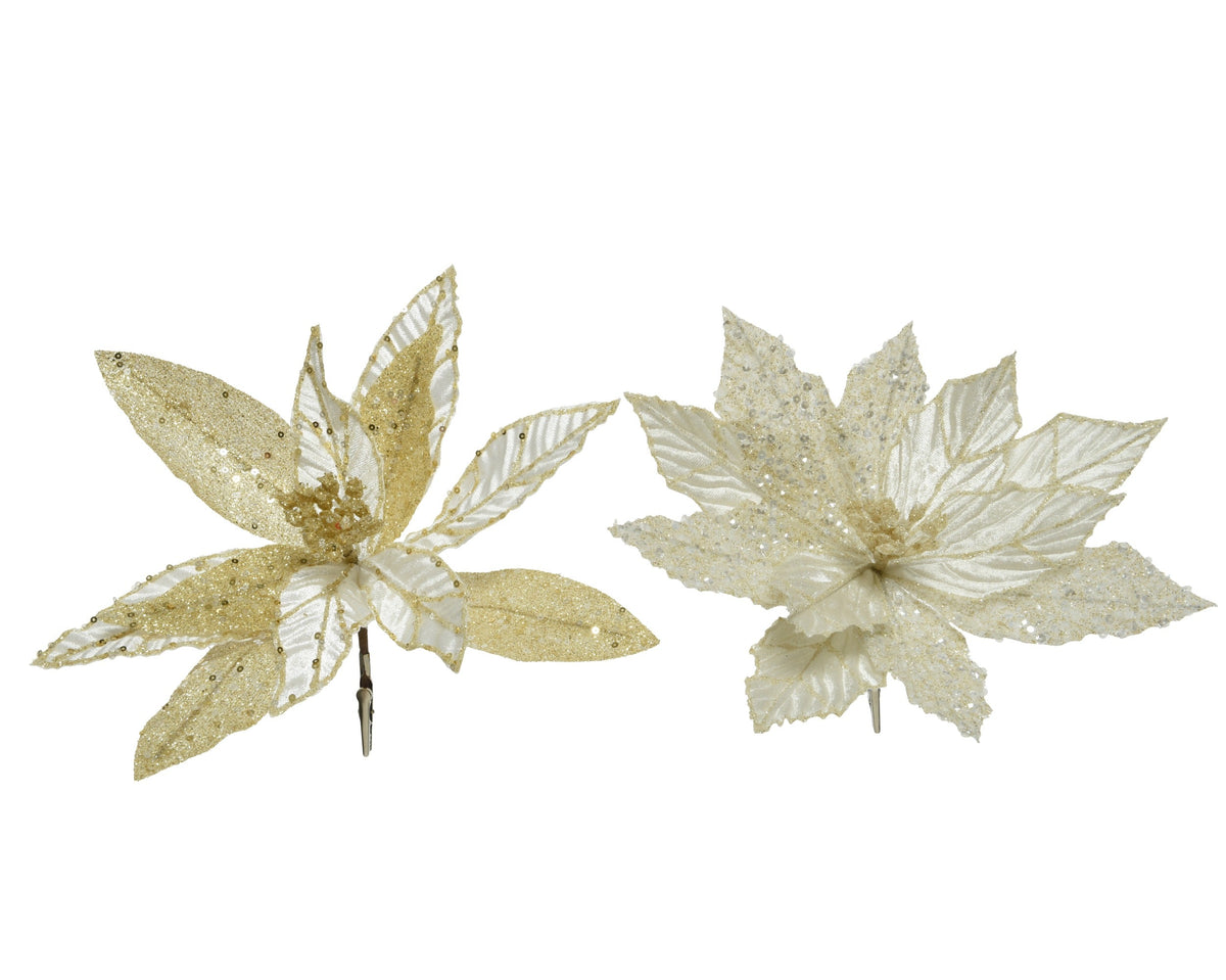 bloem op clip polyester 2ass ivoor/goud d.28cm x h.3cm