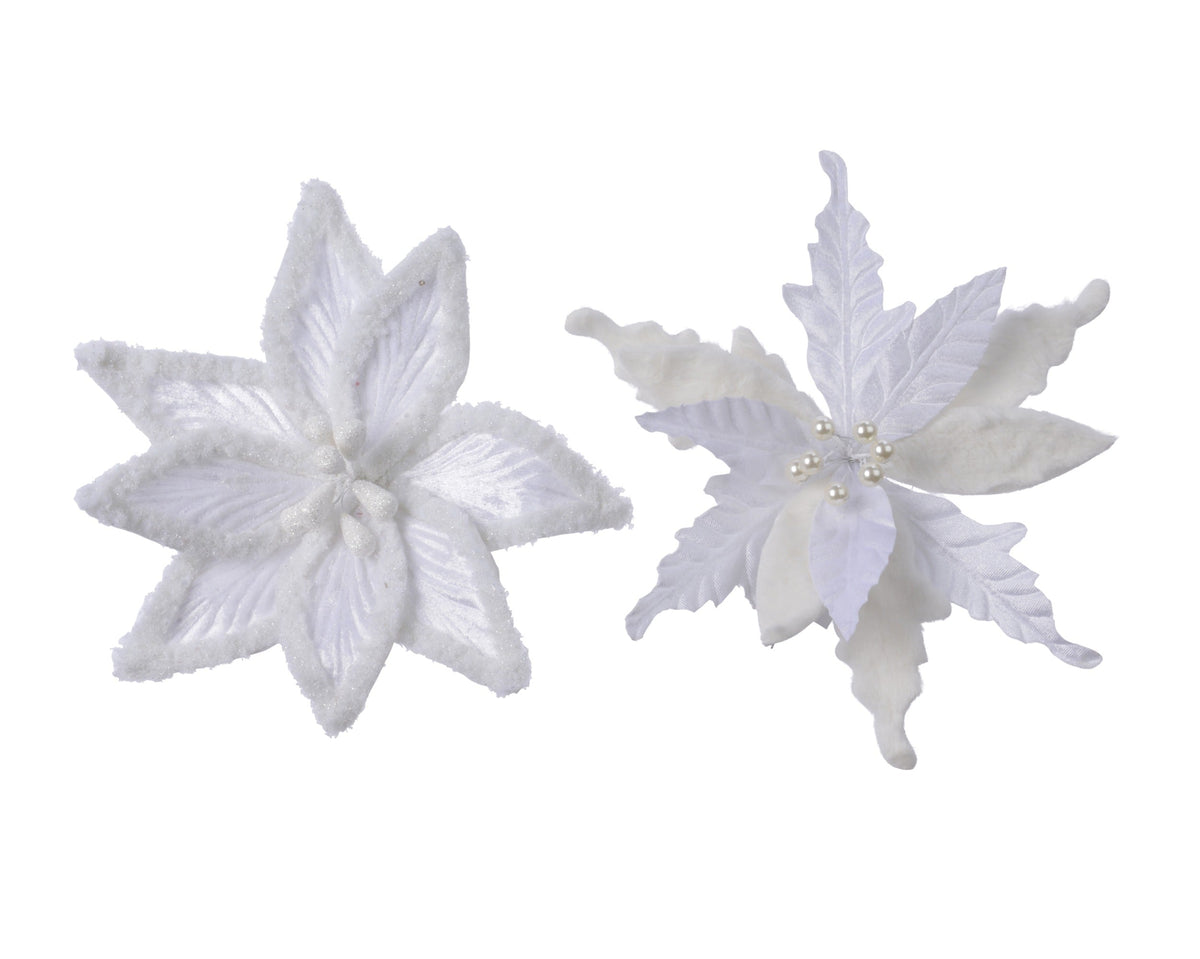 poinsettia op clip polyester velvet with artificial fur 2ass winterwit d.30cm x h.4cm
