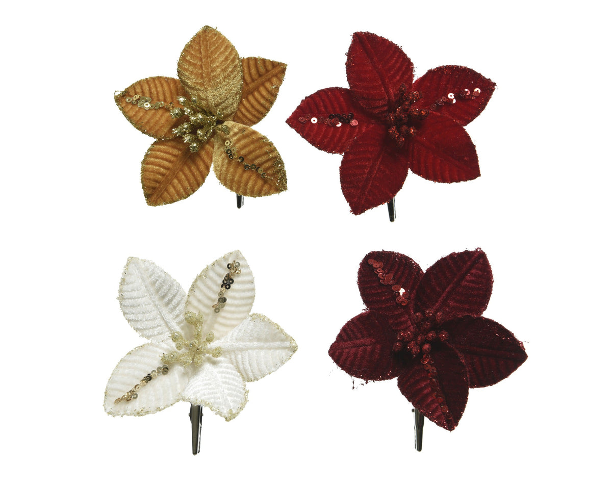 poinsettia op clip polyester spangels velvet 4col ass assortie d.10cm x h.2cm