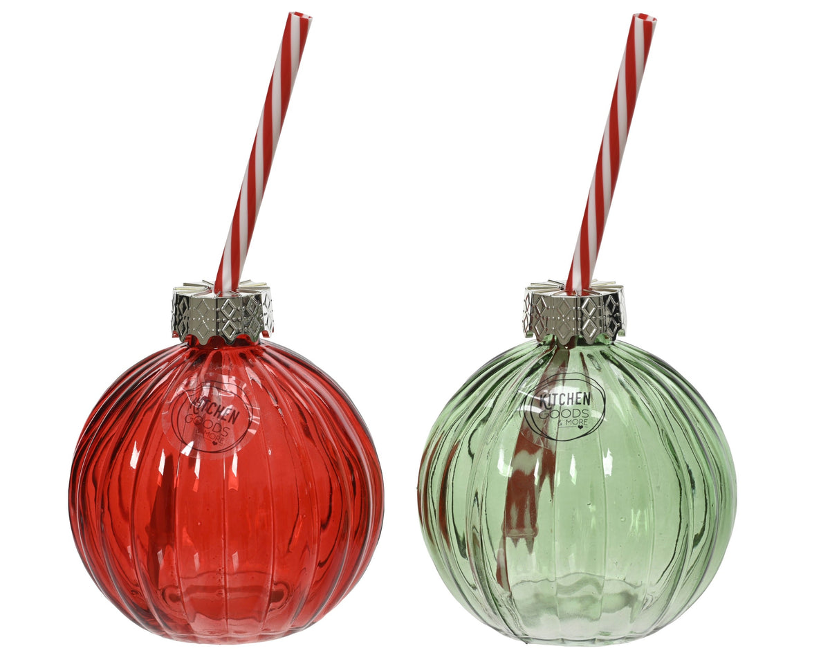 drankpot glas transparent spray color red/white straw 2col ass assortie d.9.7cm x h.10.5cm