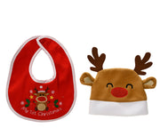 set polyester with text embrodered text, 1 x baby bib, 1x hat kerstrood/kleur(en) l.29cm x w.25cm x h.0.5cm